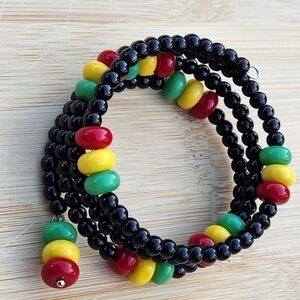 Hand Crafted Memory Wire Beaded Bracelet Black Green Yellow Red Juneteenth Small